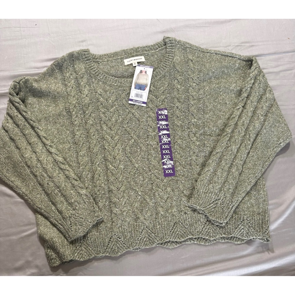 Lucky Brand Women XXL Green Cable Knit Scalloped Hem Pullover Sweater NWT
